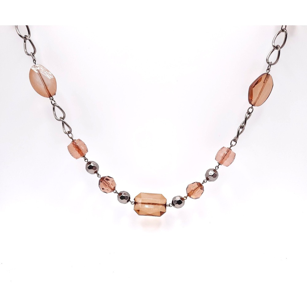 Long Brown Lucite Beaded Necklace Gunmetal Geometric Statement 39in